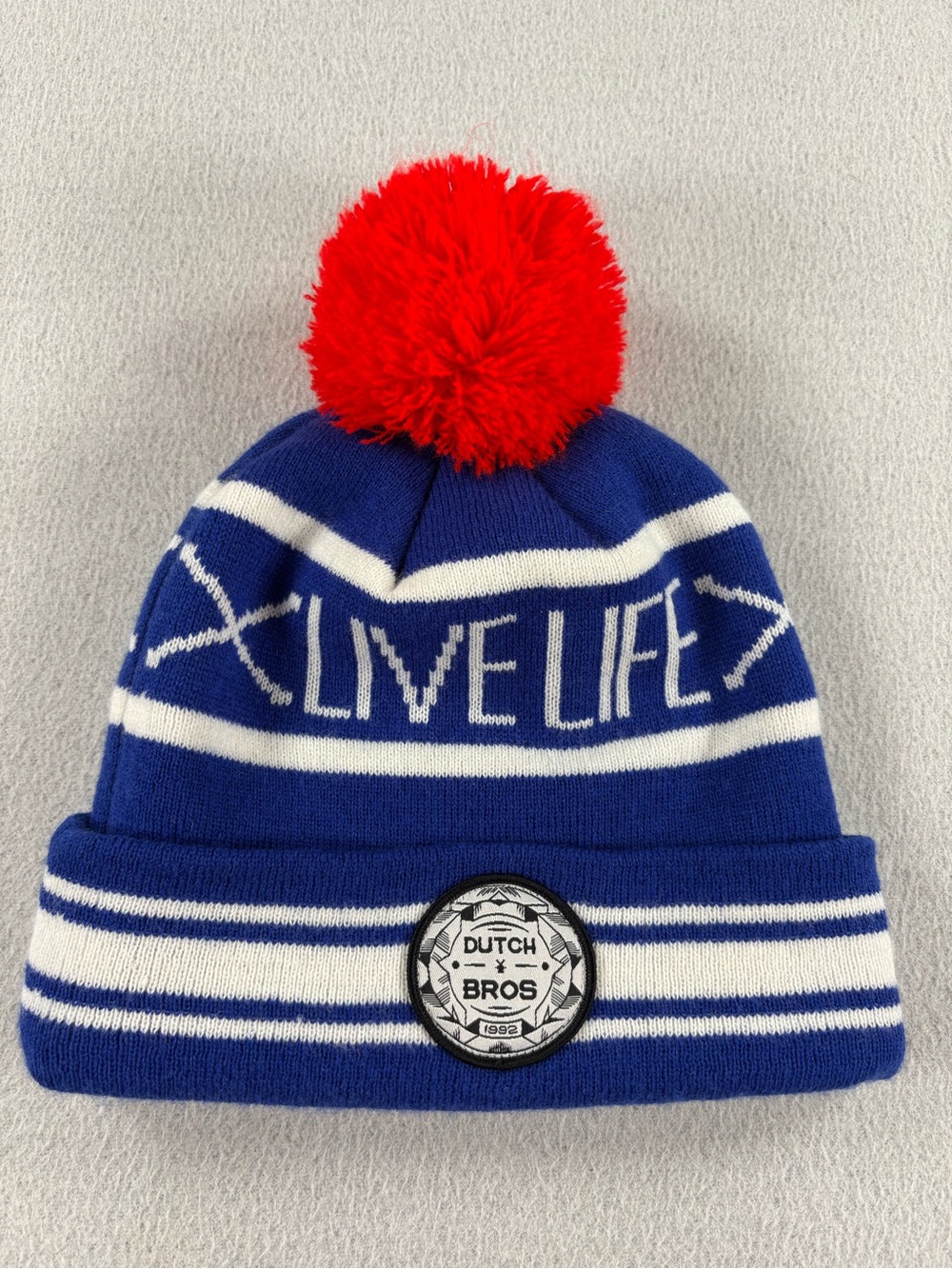 VTG Dutch Bros Blue and White 'LIVE LIFE' Knit Beanie